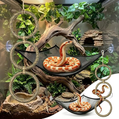 2 Pcs Snake Enrichment Toys with Hammock, 3-Ring Snake Climbing Accessories for Ball Python, Reptiles Climbing Toy Hammocks, Snakes Tank Accessories