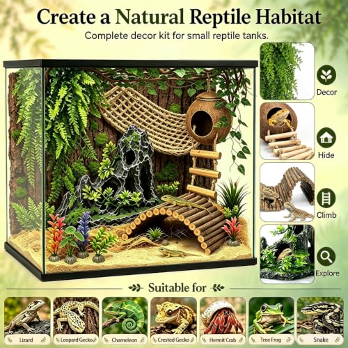 Reptile Tank Accessories Kit Bearded Dragon Tank Decor Leopard Gecko Habitat Accessories Reptile Hammock Coconut Hut Terrarium Decor