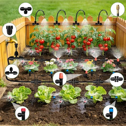 250FT Drip Irrigation System for Garden with 38pcs Adjustable Copper Nozzles & Emitters, Automatic Garden Watering System with 1/2" & 1/4" Tubing for Raised Bed, Yard, Greenhouse, Potted Plants, Lawn - size: 53FT 1/2'' Main Tube + 197FT 1/4'' Drip Tube