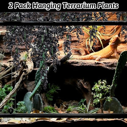 Hamiledyi Reptile Plants, 2 Pack Hanging Terrarium Plants, Artificial Leaves Habitat Decorations with Suction Cup, Fake Amphibian Plants for Bearded Dragon Lizard Hermit Crab Geckos Chameleon(Black) - size: 2 PCS