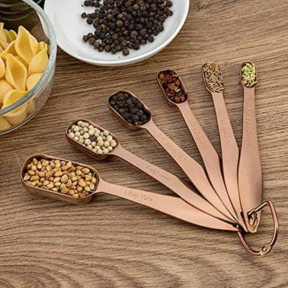 6-Piece 18/8 Stainless Steel Measuring Spoons Set, Rose Gold | Six Engraved US and Metric Sizes From 1/8 TSP to 1 Tbsp Fit Narrow Spice Jars and Stay Together On an O-shaped Ring - color: Rose Gold, size: 6 Piece