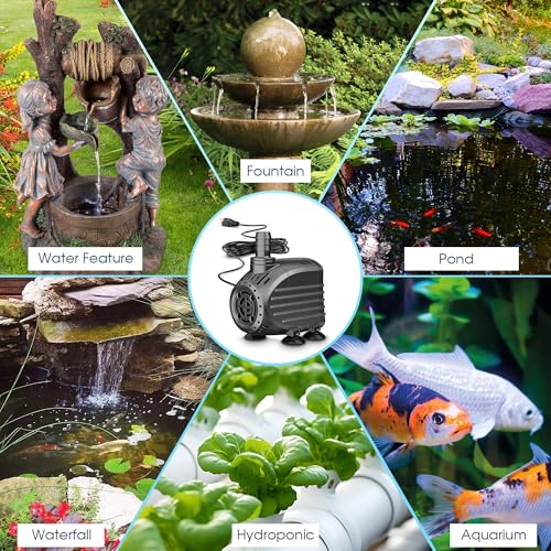 Ultra Quiet Submersible Water Pump 120GPH Size 2.8Lx2.1Wx2.3H in | Water Pump with Dry Burning Protection, 5ft Cord, 3ft High Lift for Fountains, Waterfall, Hydroponics, Aquariums KF202 - size: 120GPH