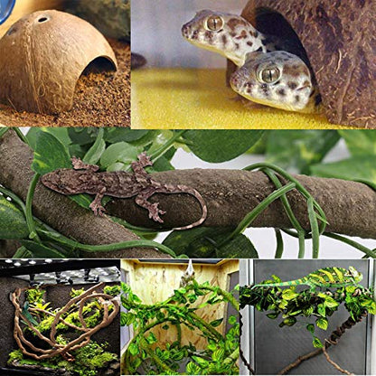 kathson 6PCS Lizard Habitat Decor,Leopard Gecko Hideout Coconut Shell Hole Hut,Bearded Dragon Bendable Climbing Vines,Reptile Hanging Plants Tank Accessories for Chameleon,Snake,Iguana,Turtle - size: 6PCS