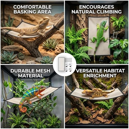 Bearded Dragon Hammock, Bearded Dragon Enrichment Large Tank Bed with Wall Climbing Design, Reptile Tank Decor Accessories for Bearded Dragons and Leopard Geckos (Rectangle, 28" x 10")