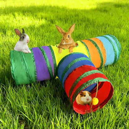 Rabbit Tunnels & Tubes Collapsible Toy 3 Way Rainbow | Play Tunnel Tube Toy with Hanging Ball for Kitten, Puppy, Bunny, Ferret, Interactive Toys for Fun Playtime & Exercise - color: Rainbow