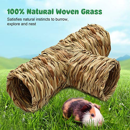 BWOGUE Hamster Grass Tunnel Toy, Guinea Pig Grass Tunnel, 4-Way Hideaway | Natural Grass for Chewing, 4 Entrances, No Nails or Staples, 14.1 x 4.3 in, Grass Hide for Hamsters, Hedgehog & Ferrets