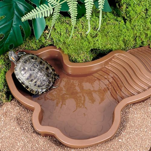 Spacious Reptiles Water Bowl with Ladder Steps Access Removable Component for Safe Turtles Soaking and Resting Slip Turtles Soaking Pool - color: Brown red