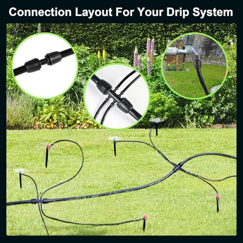 50FT 1/2 Inch Drip Irrigation Tubing Main Line Hose Tube, Drip Line Irrigation System Includes 2pcs 6-Way Connector & 1/2" Straight Connector & 3/4" to 1/2" Faucet Adapter for Garden Watering - color: Black-50FT