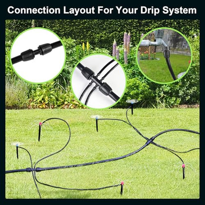 50FT 1/2 Inch Drip Irrigation Tubing Main Line Hose Tube, Drip Line Irrigation System Includes 2pcs 6-Way Connector & 1/2" Straight Connector & 3/4" to 1/2" Faucet Adapter for Garden Watering - color: Black-50FT