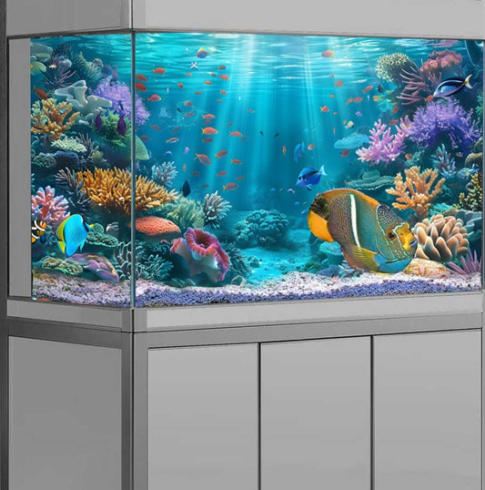Underwater Aquarium Background, Ocean Floor Coral Reef Undersea Tropical Fish Coral Reef, Polyester Fish Tank Background with 6 EVA Double-Sided Tapes 36x18 inches/90x45 - color: Bule, size: 36"L x 18"W