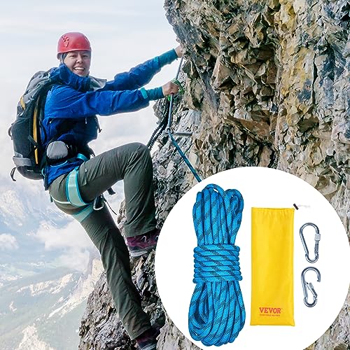 VEVOR Static Climbing Rope, 32 ft Outdoor Rock Climbing Rope with 26KN Breaking Tension, 0.4'' /10 mm High Strength Safety Rope, Escape Rope with 2pcs Carabiner and Storage Bag - size: 32 ft