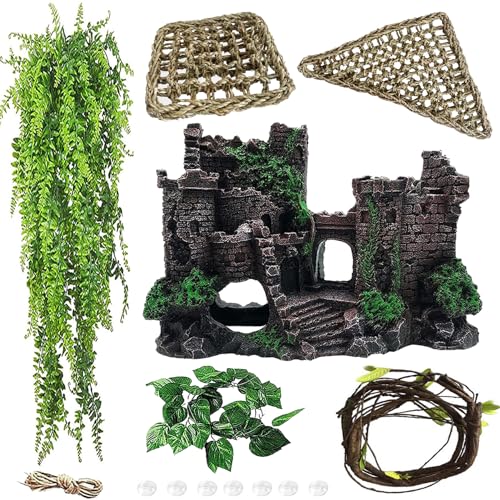 Tank Accessories for Bearded Dragon Include Resin Classical Castle Reptile Hammocks Climb Habitat Hanging Jungle Vines Flexible Leaves Climbing Decor for Chameleon Lizard Gecko Spider(6 PCS)