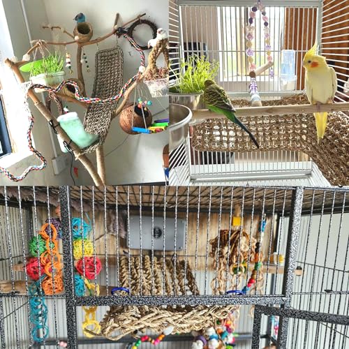 2Pcs Bird Seagrass Mat 20.5×8'' Natural Grass Woven Net Hammock Hanging on Cage Parakeet Climbing Rope Ladder Chew Toys for Lovebird Cockatiel Conure Budgie Cockatoo - size: 2Pcs 20.5" × 8"