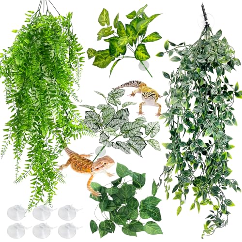 Hamiledyi 5 Pcs Reptile Plants Terrarium Hanging Fake Plant Leaves, Bearded Dragon Tank Accessories, Habitat Decor for Snake Leopard Gecko Lizard Chameleon Spider Turtle (Style 2) - size: 5 PCS - Style 2