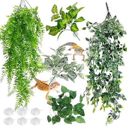 Hamiledyi Reptile Plants for Terrarium Hanging Fake Leaves with Suction Cup | 5 Pack Artificial Snake Foliage, Bearded Dragon Tank Greenery Reptile & Amphibian Habitat Plant for Chameleon Gecko (Style 2) - size: 5 PCS - Style 2
