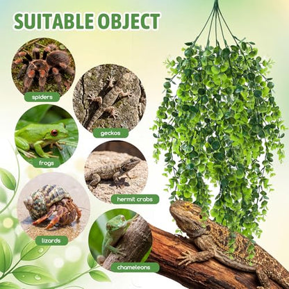 12 Pcs Reptile Plants Terrarium Hanging Plant Vines Artificial Leaves with Suction Cups Climbing Foliage for Bearded Dragon Lizard Gecko Snake Tank Accessories Decor (Lush Series) - style: Lush Series