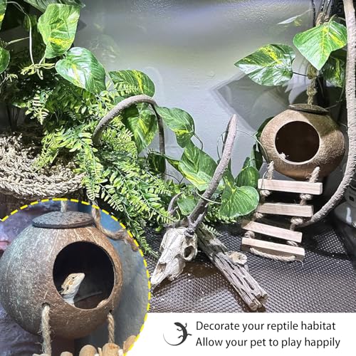Crested Gecko Tank Accessories,Gecko Coconut Hut Hideout with Ladder Reptile Hammock Lizards Hanging Plants Flexible Climbing Jungle Vine Leaves Terrarium Decor - style: 【Style B】