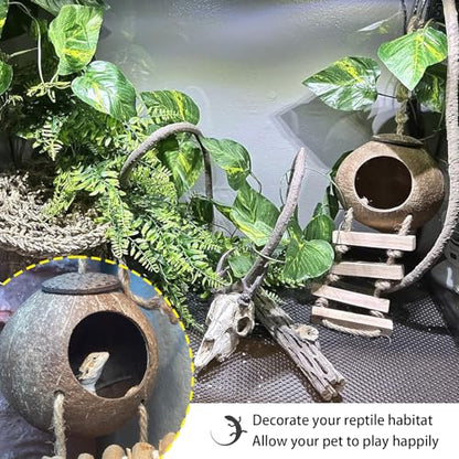 Crested Gecko Tank Accessories,Gecko Coconut Hut Hideout with Ladder Reptile Hammock Lizards Hanging Plants Flexible Climbing Jungle Vine Leaves Terrarium Decor - style: 【Style B】