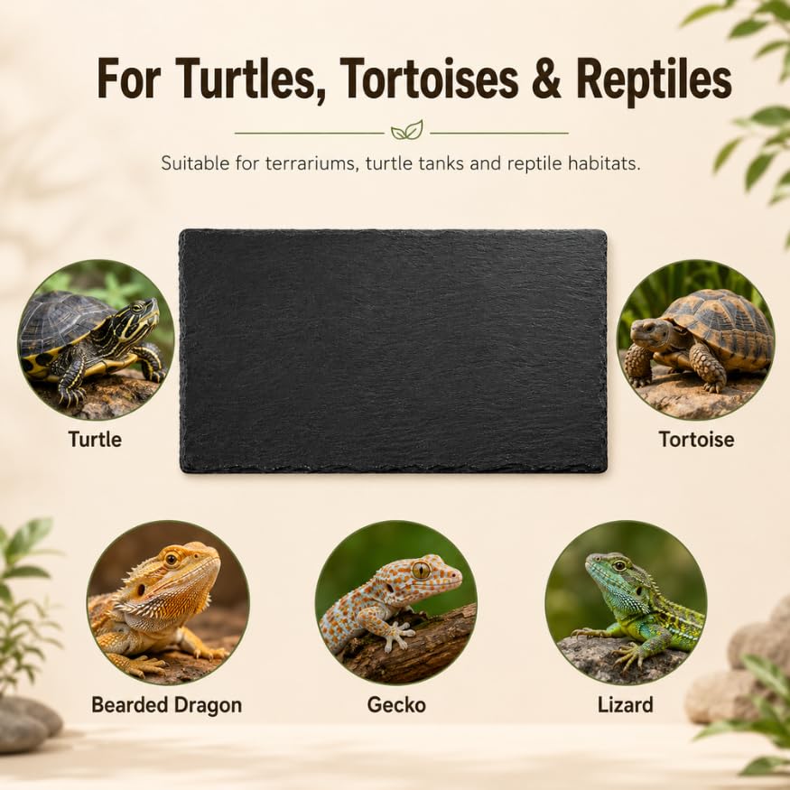 Extra Large Natural Slate Reptile Basking Platform, 15.7 x 7.9 in Rock Feeding Plate for Tortoise, Turtle & Bearded Dragon, Textured Food Dish for Natural Claw Filing, Reptile Habitat Decor