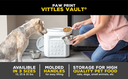 Vittles Vault Pawprint Pet Food Storage Container For Dog Food, Kibbles/Bird Seed/Oatmeal/Rice/Flour/Cereal, BPA Free, Plastic, Sealed Airtight For Cat Food, Up To 25 lb, Made in USA, With Scoop, Gray - size: 25 Pounds