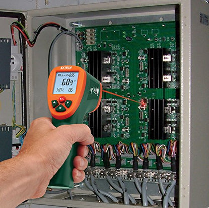 Extech IR270 Infrared Thermometer with Color Alert, -58 to 1472F | Non-contact, +/-1.5%, tri-color LED alert, adjustable emissivity 0.1-1.0, MIN/MAX/avg, 0.5s response, backlit