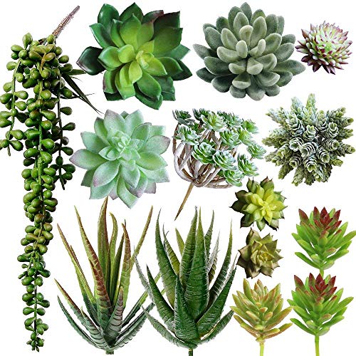 Winlyn 6 Pcs Unpotted Fake Succulents Assorted Faux Succulent in Different Green Artificial Hanging Succulents Textured Faux Succulent Pick Hanging String of Pearls Plant for Wedding Centerpieces