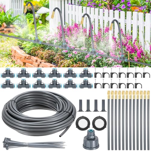 M METERXITY 1-Set Drip Irrigation System, 50Ft 1/4" Hose Garden Watering Misting System with 12pcs 360° Adjustable Copper Nozzles for Greenhouse/Yard/Lawn, Atomizing Watering Accessories - color: Gray + Gold Tone, size: 50Ft 1/4"