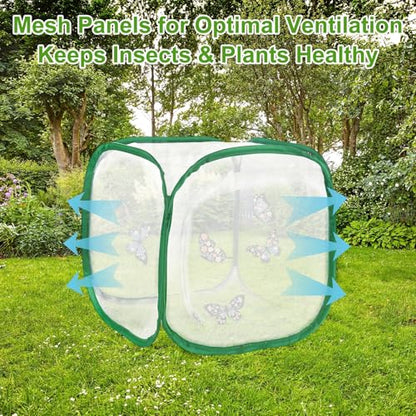 M METERXITY Butterfly Habitat Cage Terrarium, Outdoor Collapsible Mesh Pop-up with Zipper Protection for Breeding Butterfly/Ladybug, Mesh Plant Enclosure [White with Green, 12 x 12 x 12 Inch] - color: White With Green