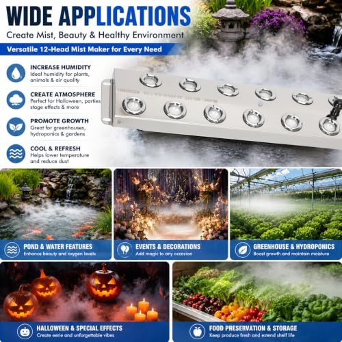 Ultrasonic Mist Maker Fogger 12 Heads, 9000ml/H 400W Pond Fogger with Float, IP67 Waterproof Power Supply, 304 Stainless Steel Ultrasonic Mister with Auto Shut-Off for Pond,Fountain,Garden,Halloween - size: 12 HEAD