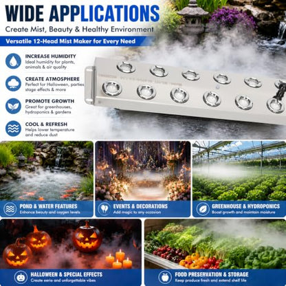 Ultrasonic Mist Maker Fogger 12 Heads, 9000ml/H 400W Pond Fogger with Float, IP67 Waterproof Power Supply, 304 Stainless Steel Ultrasonic Mister with Auto Shut-Off for Pond,Fountain,Garden,Halloween - size: 12 HEAD