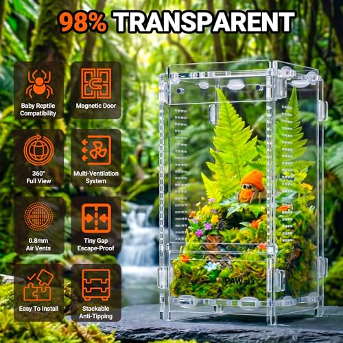 Jumping Spider Enclosure, Acrylic Terrarium with with Magnetic Doors, 0.8mm Micro-Ventilation, Stackable Escape-Proof Habitat for Jumping Spiders, Tarantulas & Small Reptiles, 3”x3”x6” | Baby Jumping Spider Enclosure, Small Jumping Spider Enclosure, Acryl