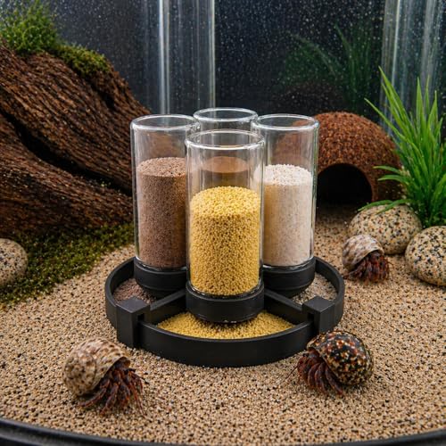 Hermit Crab Feeder with 4 Glass Bottles and Feeding Trays | 4 removable bottles with trays keep crabitat feeding organized. Easy to refill and suitable for hermit crabs and reptiles. - color: Black