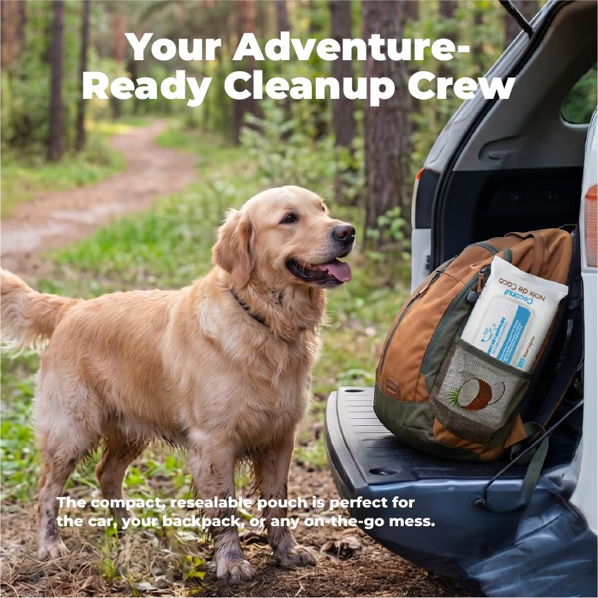 Best Pet Supplies Cleaning Dog Wipes - Moisturizing Coconut 100 Count | Coconut Scented, Large 8"x9", Vitamin E, Puppy & Cat Safe, Gentle Grooming, Resealable Pouch Prevents Drying - color: Moisturizing Coconut, size: 100 Count