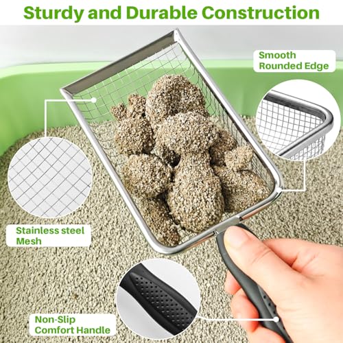 2 Pack Cat Litter Scoop with 3.8mm & 5mm Mesh – Stainless Steel Kitten Litter Scoop with 2 Adhesive Hooks, Metal Cat Poop Scooper for All Litter Types, Efficient Sifting & Easy Cleaning for Litter Box