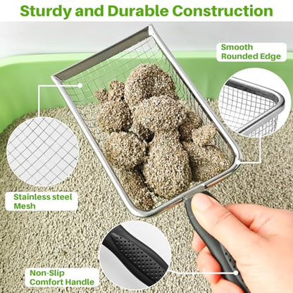 2 Pack Cat Litter Scoop with 3.8mm & 5mm Mesh – Stainless Steel Kitten Litter Scoop with 2 Adhesive Hooks, Metal Cat Poop Scooper for All Litter Types, Efficient Sifting & Easy Cleaning for Litter Box