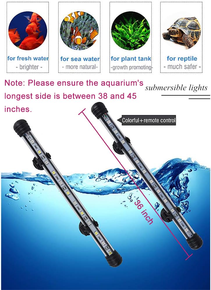 MQ 36 in Submersible LED Aquarium Light, 13W Color Changing Fish Tank Light with Remote Control, IP68 Crystal Glass 42 LEDs Lights Bar, for 38-45in Longest Side Tanks - size: 42LED-Length 36"