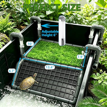Extra Large Turtle Basking Platform with Ramp, Height-Adjustable(7.9"-13.9") PVC Dock, Non-Slip Mesh, Above Water Dry Area, 1 Piece of Artificial Turf (11.8“ x 7.87”) Included