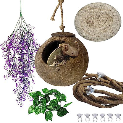 4 PCS Crested Gecko Coconut Hide Natural Lizard Coco Hut Reptile Hanging Nest Flexible Vine Habitat Decoration Bearded Dragon Terrarium Accessories for Tortoise Chameleon Snake Spider - style: 【Style B】