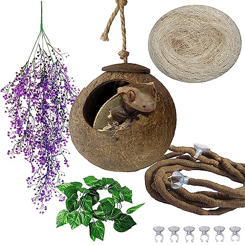 4 PCS Crested Gecko Coconut Hide Natural Lizard Coco Hut Reptile Hanging Nest Flexible Vine Habitat Decoration Bearded Dragon Terrarium Accessories for Tortoise Chameleon Snake Spider - style: 【Style B】
