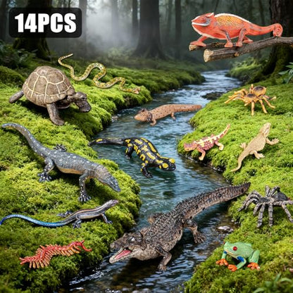 14PCS Reptile Animal Figurines Toys Amphibians Diorama Toys for Kids 3+ | Solid, Safe, Play Figure Playsets with Axolotl, Horned Lizard, Snake, Spider, Chameleon, Fire Salamander, Crocodile Figures - style: 14PCS Reptile Animals-2