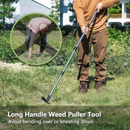 Weed Remover Tool with Long Handle(58IN), 2-in-1 Hand Weed Puller with Rake & Garden Hoe Combo for Gardening, Manual Weeding Tools for Gardens, Yards, Patios, Lawns, and Paved Areas