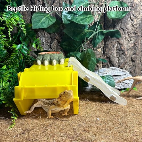 Reptile Digging Box Plastic Leopard Gecko Burrowing Habitat Hide Box with Wooden Ladder Compatible with Terrariums Tailored for Juvenile Bearded Dragons and Snake in Compact Setups (Yellow) - color: Yellow