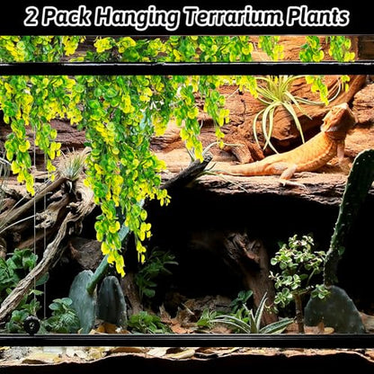 Hamiledyi Reptile Plants Hanging Terrarium Plants Artificial Leaves Habitat Decorations with Suction Cup Green and Yellow Fake Amphibian Plants for Bearded Dragon Lizard Geckos Chameleon（2 Pack） - size: 2 PCS