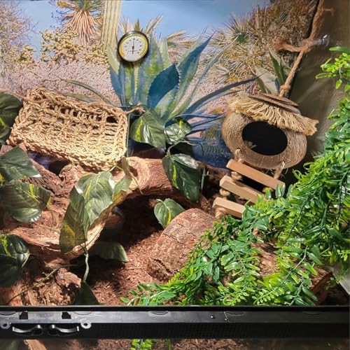 Gecko Tank Accessories,Grested Gecko Coconut Hideout Hut with Ladder Reptile Hanging Plants Climbing Bearded Dragon Hammock Flexible Jungle Vine Leaves Terrarium Decor - style: 【Style C】