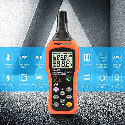PT6508 Temperature Humidity Meter - Wet Bulb for Indoor/Outdoor | Digital Thermometer Hygrometer Monitor with Ambient, Dew Point, MIN, MAX, Data Hold, LCD Backlight - size: PT6508