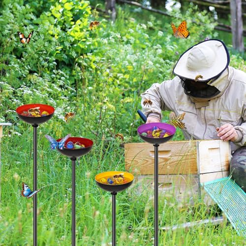 4 Pack Metal Bee Butterfly Watering Station for Garden | With Glass Marbles, Ellipse Design,Bee Butterfly Feeder for Outdoor Yard Patio Decor,Yellow Purple Red Orange - style: 4pcs Yellow Purple Red Orange