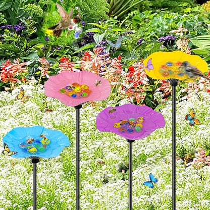 4 Pack Metal Bee Butterfly Watering Station for Garden | With Glass Marbles, Flower Design,Bee Butterfly Feeder for Outdoor Yard Patio Decor,Yellow Pink Purple Blue - style: 4 PCS-Blue & Yellow & Pink & Purple