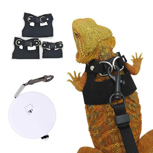 Bearded Dragon Leash - 3 Sizes Pack Reptile Outing Adjustable Soft Leather Lizard Harness with Retractable Leash Small Animal Traction Rope Walking Vest Accessories for Bearded Dragon Leash（Black） - color: Black