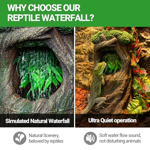 Reptile Water Fountain, Reptile Terrarium Waterfall Drinking Fountain with Food Dish for Bearded Dragon Lizard Leopard Crested Gecko Chameleon Frog