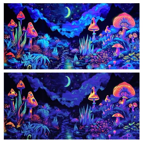 72X16IN Blacklight Mushroom Flower Black Light Aquarium Background, UV Fish Tank Background Moonlight Mountain Forest Landscape Terrarium Background with 10 EVA Double-Sided Tape - size: 72X16in/180X40cm